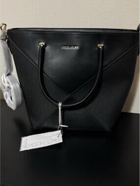 David Jones Black Handbag Faux Leather Tote Shoulder Bag Gold Tone Hardware